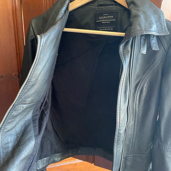 AllSaints black leather jacket. Fully lined, front zip, buckle and snap details. - Picture 5 of 11